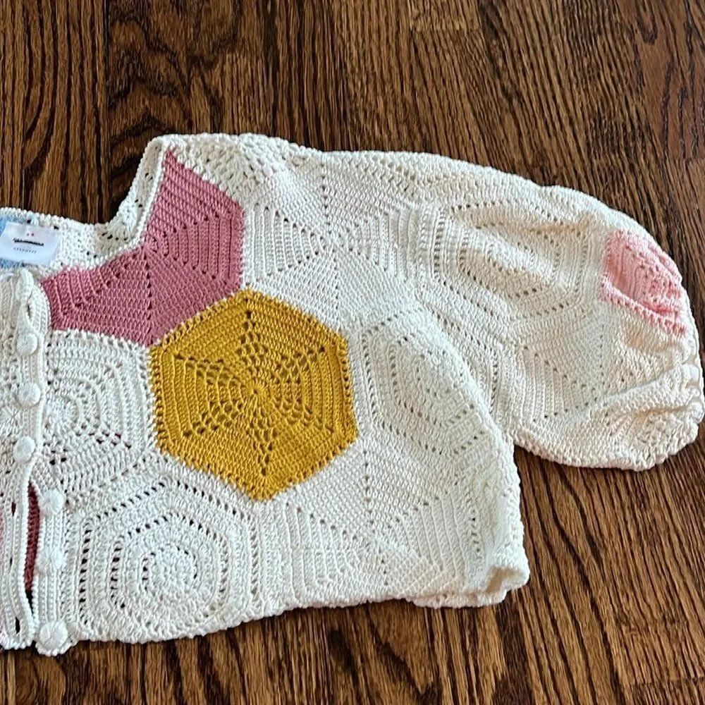 Anna K Crochet Cape Style Cardigan Short Sleeve Top size os